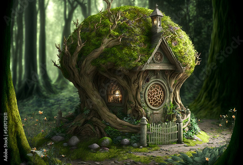 Fantasy fairy cottage in the forest AI generative 