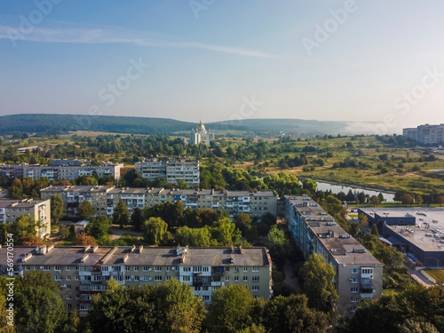 Aerial vIew of city Novyy Rozdil by drone. Summer Ukraine Lviv region, West Ukraine.
