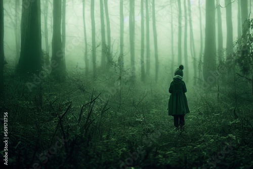 antlered deer headed girl in alien green forest wearing compass chains real life  spooky  creepy  fog  full body moody  cinematic 