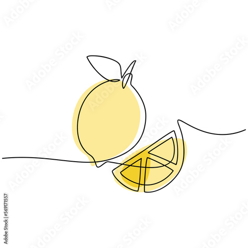 Lemon with cut piece vector. One line continuous hand drawn illustration. Minimal linear silhouette. Citrus fruit icon. Minimal design, print, banner, card, wall art poster, brochure, logo, menu. photo