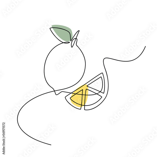 Vector lemon with cut piece. One line continuous hand drawn illustration. Minimal linear silhouette. Citrus fruit icon. Minimal design, print, banner, card, poster, brochure, logo, menu.