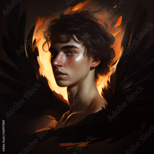 Phoenix Fire Sun Spirit Mythology Immortal Character Red Orange Yellow Gothic Character Concept RPG Caravaggio Style Painting Generative AI Tools Technology illustration	 photo