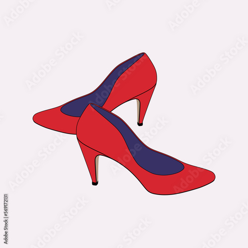 Sexy beautiful feminine woman red with blue shoes with elegant heels. Luxury clothing lifestyle. Disco club 80s romantic fashion. Hand drawn retro vintage vector illustration. Old style drawing.