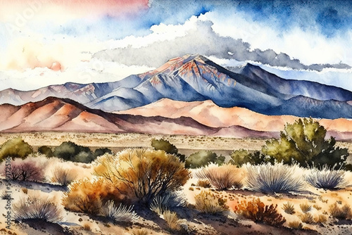 Mountain range landscape New Mexico watercolor, Generative AI photo