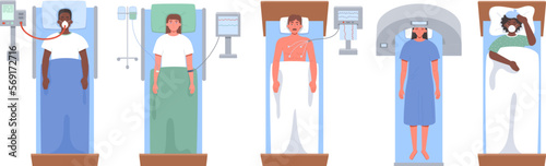 Patient in hospital bed top view. Lung ventilation, cardiogram, dropper, MRI and sick person vector illustration set