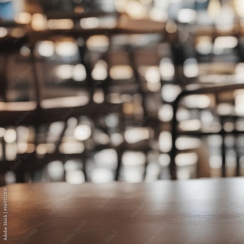 Empty coffee table over defocused coffee shop background with copy space - generative ai Empty coffee table over defocused coffee shop background with copy space - generative ai