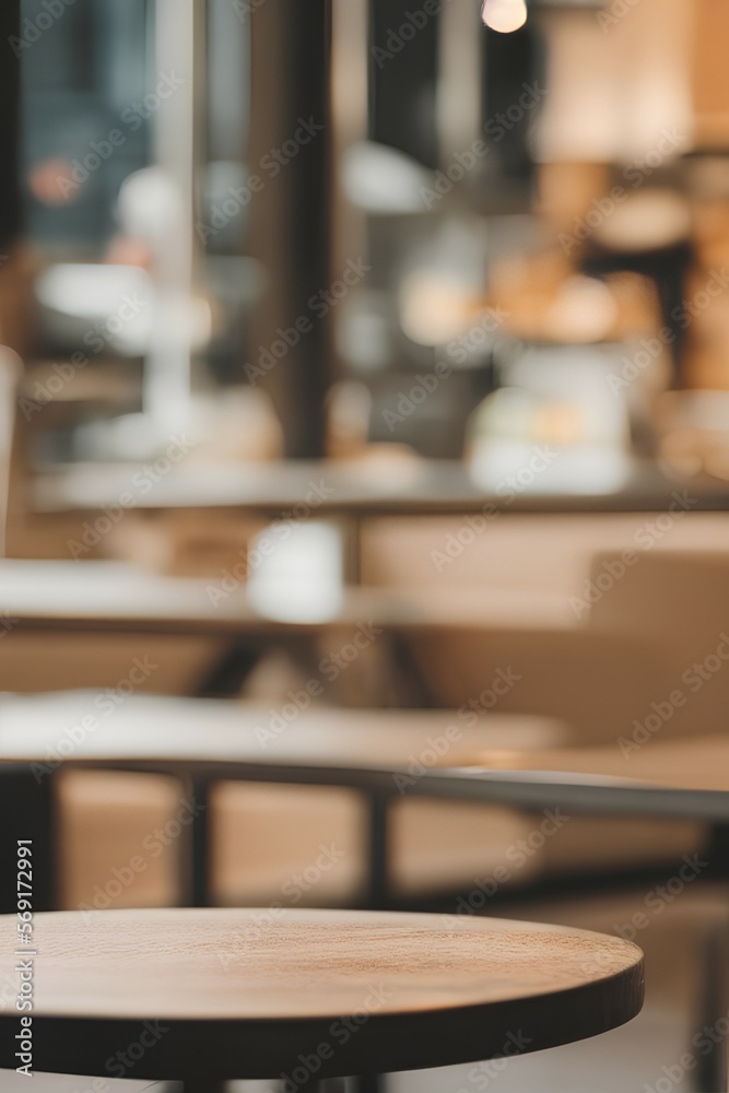 Empty coffee table over defocused coffee shop background with copy space - generative ai Empty coffee table over defocused coffee shop background with copy space - generative ai