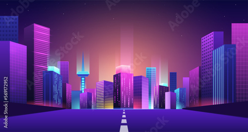 Road to futuristic city. Bridge to night neon town, bright buildings with urban lights beam. Highway to future vector Illustration