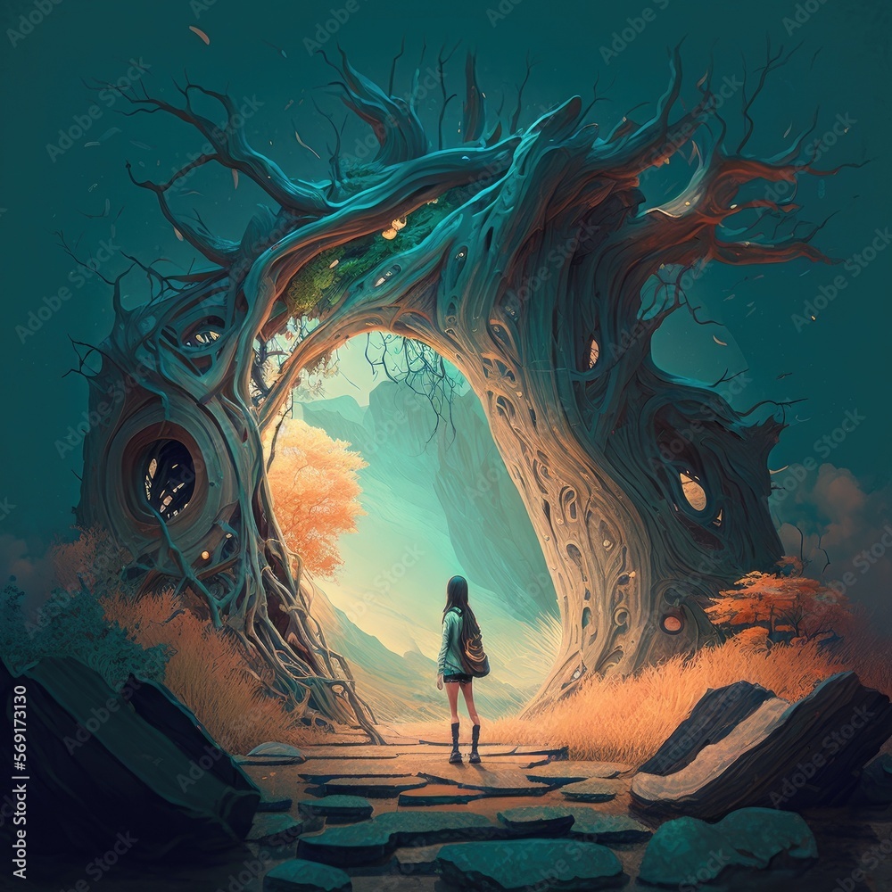 Fototapeta premium Exploring the Monoliths: A Woman Walks on a Branch and Looks at the Monoliths in the Forest, Generative AI