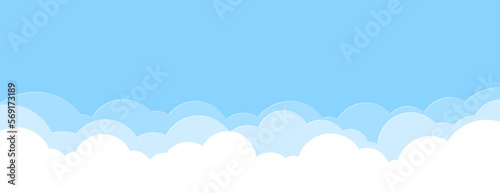 Paper cut flat style clouds on a blue sky background. Simple cartoon clouds banner design. Vector illustration