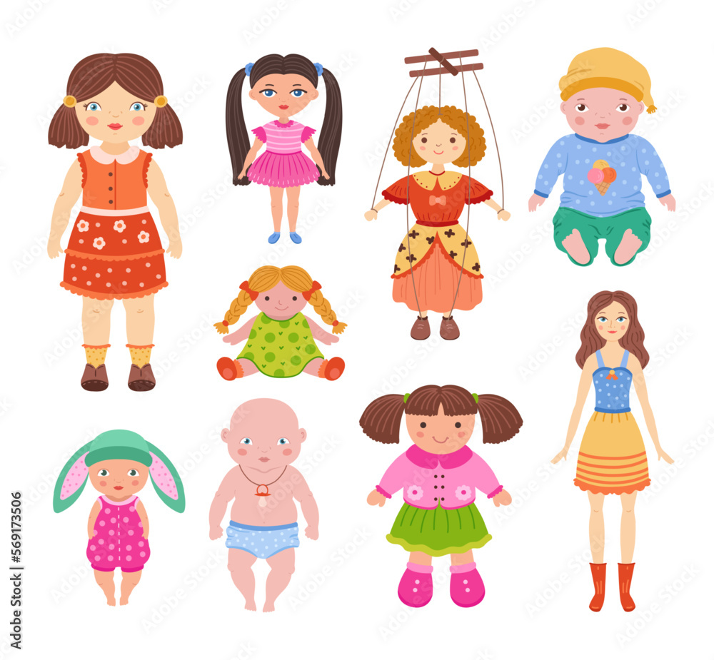 Cartoon dolls. Beautiful girl toy in dress, child baby and cute puppet doll isolated vector illustration set Cartoon dolls. Beautiful girl toy in dress, child baby and cute puppet doll isolated vector illustration set