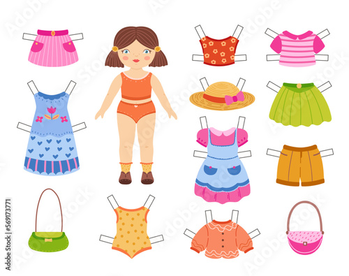Cartoon paper doll. Cute girl toy with summer clothes collection for dress up, cut and play retro game vector illustration set