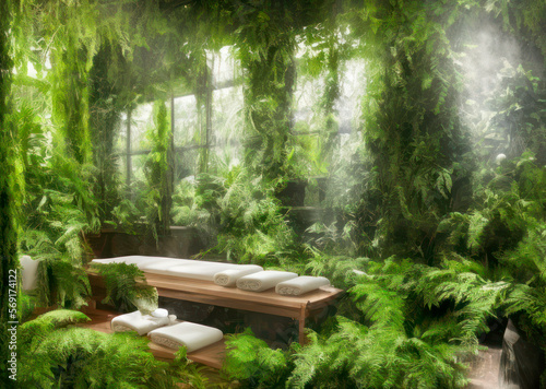 Massage table with white towels in a steamy room covered in green fern