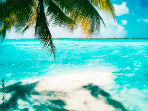 Beautiful beach in the shadow of a palm tree in the sand and the turquoise waters