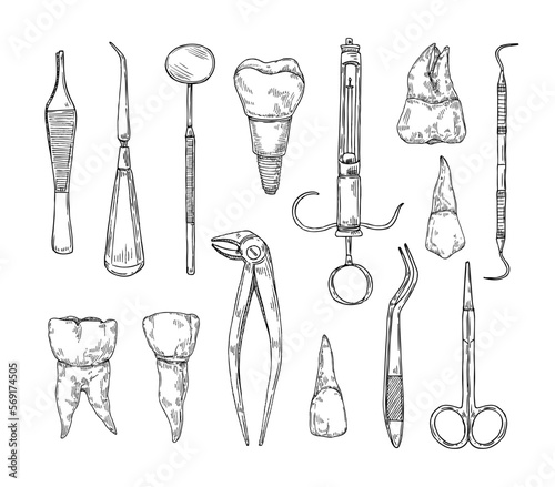 Hand drawn Stomatology attributes. Professional dental tools, tooth with root and dental implant vintage vector illustration set