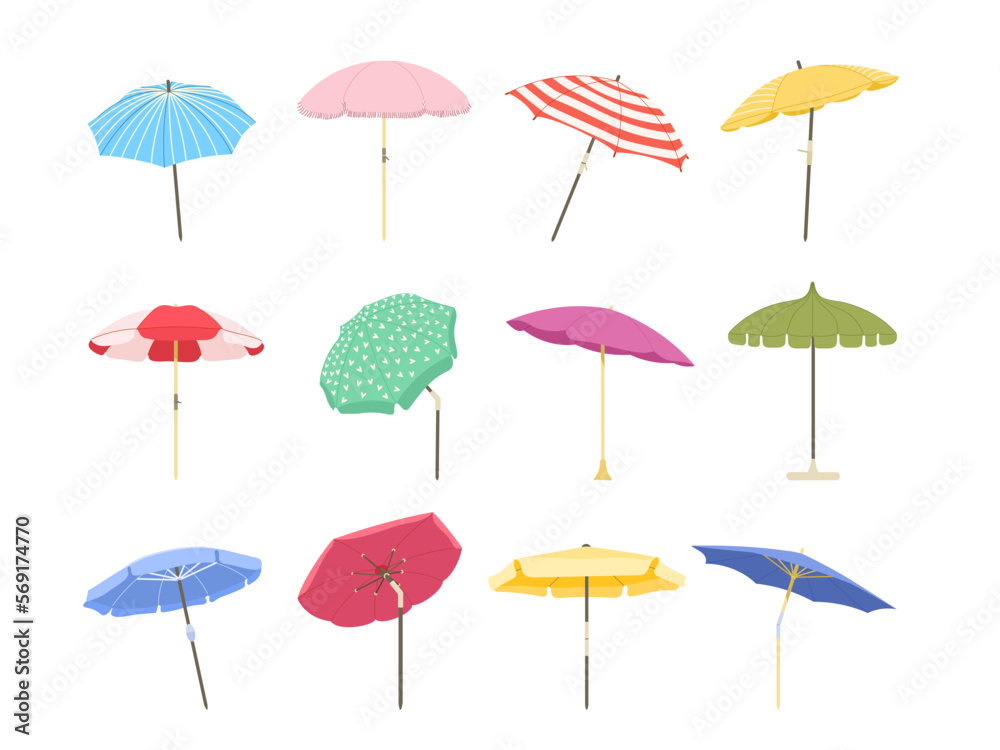 Cartoon beach umbrella. Sun protective outdoor large parasols with stripes, summer sunshade isolated vector illustration set
