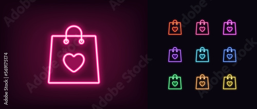 Outline neon love shopping icon set. Glowing neon shopping bag with heart sign, shopaholic pictogram. Favorite buy and like offer, lovely shop purchase, online shop feedback.
