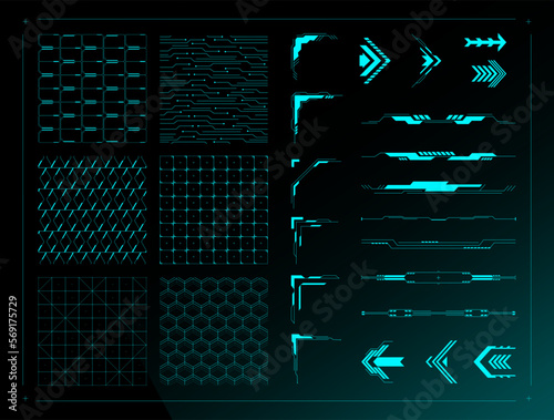 Sci fi UI design elements. Cyberpunk grid background textures, futuristic divider borders, abstract HUD corners and arrows vector set