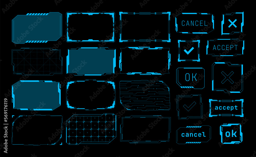 Futuristic frames. Cyberpunk electronic background and futuristic UI buttons. Sci Fi technology interface vector set