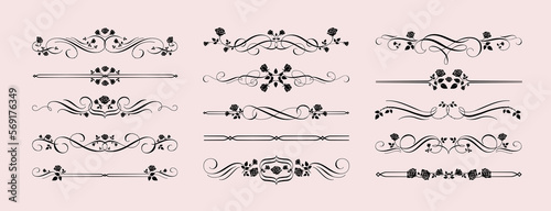 Gothic rose dividers. Gothcore borders with vintage calligraphic flourish and rose flowers decorative vector set