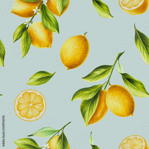 Watercolor seamless pattern with fresh ripe lemon with bright green leaves and flowers. Hand drawn cut citrus slices painting on light blue background. For designers, postcards, party Invitations
