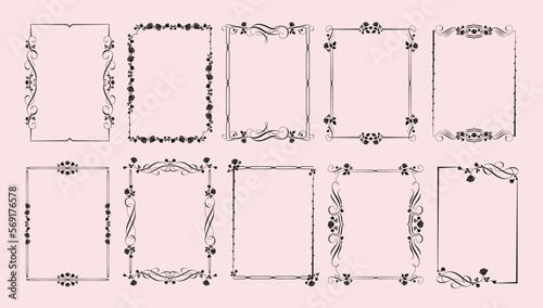 Gothic rose frames. Gothcore borders with flowers, leaves and spikes of roses. Elegant decorative flourish design elements vector set