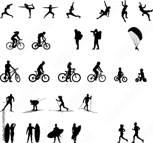 Set of sport silhouettes isolated on white background. Cycler, yoga, climber, backpacker, paraglider, runner, surfer, cross country skier.