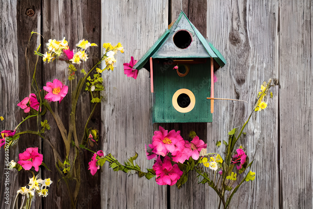 Whimsical Birdhouse and Flowers on Wooden Background (AI-Generated)