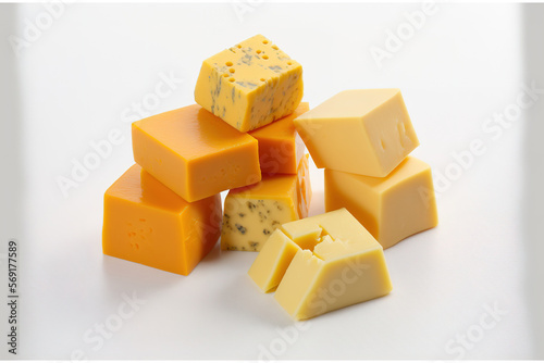 Cheddar cheese cubes set apart on white. Generative AI