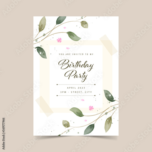 Invitation for birthday party in rustic style. Greenery Watercolor Floral template card design.