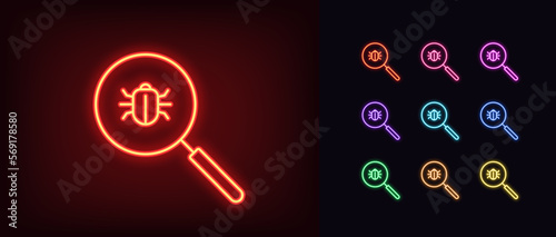Outline neon magnifier icon set. Glowing neon magnifying glass frame with bug sign, vulnerability search. Program code debug, error scan, virus detect, cyber attack, find security threat.