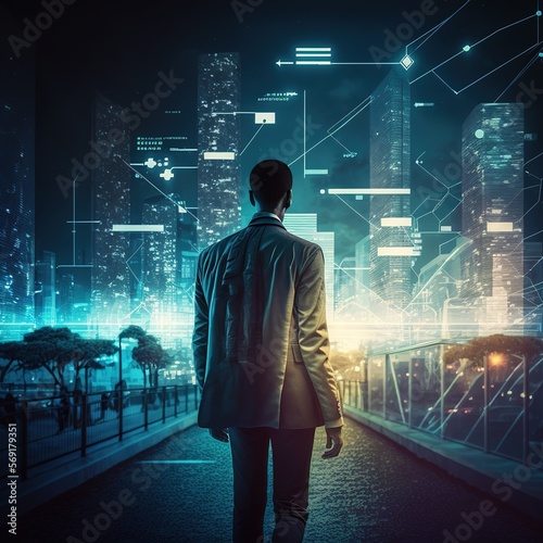 Concept of business technology, At night, a professional businessman walks on a future network city background with a futuristic interface graphic, generative ai
