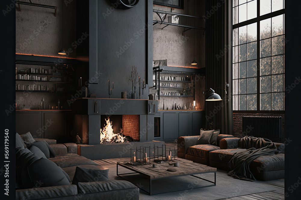 Loft Style Room Interior with Fireplace Loft Style Room Interior with Fireplace