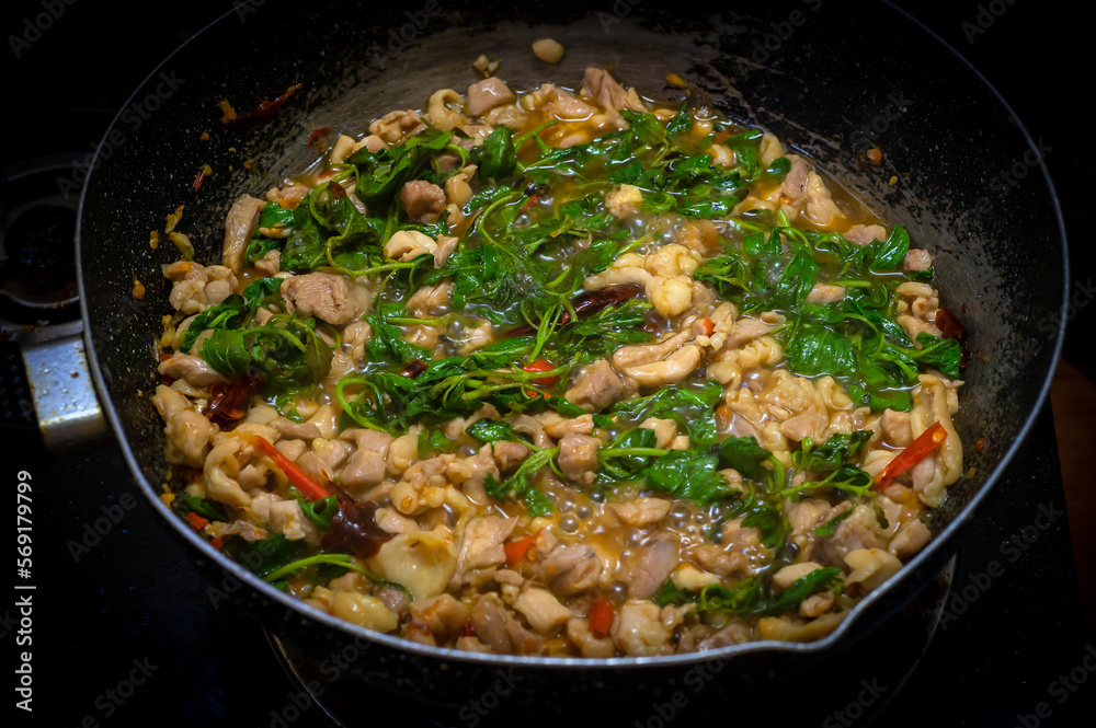 Stir-Fried sliced chicken breast with Basil in pan, Asian food, Easy food, Thai food, Hot basil, Stir-Fried sliced chicken breast with Basil in pan, Asian food, Easy food, Thai food, Hot basil,