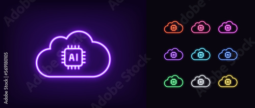 Outline neon cloud AI icon set. Glowing neon cloud frame with AI chip sign, artificial intelligence pictogram. Cloud calculation server, computing and data center, smart algorithm system.