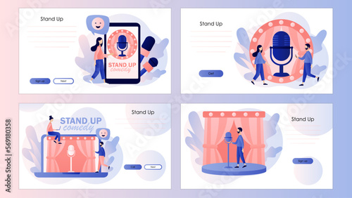 Stand Up comedy show. Open mic. Comedian on stage. Comic with microphone. Invitation to Comedy concert. Screen template for landing page, template, ui, web, mobile app, poster, banner, flyer. Vector 