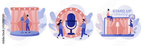 Stand Up comedy show. Open mic. Comedian on stage. Comic with microphone joking. Invitation to Comedy concert. Modern flat cartoon style. Vector illustration on white background
