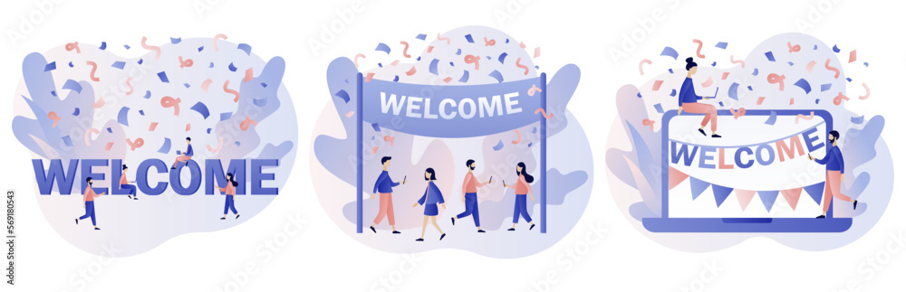 Welcome concept. Friendly team happy to new team member. Event, celebrate, meeting, greeting. Modern flat cartoon style. Vector illustration on white background
Welcome concept. Friendly team happy to new team member. Event, celebrate, meeting, greeting. Modern flat cartoon style. Vector illustration on white background