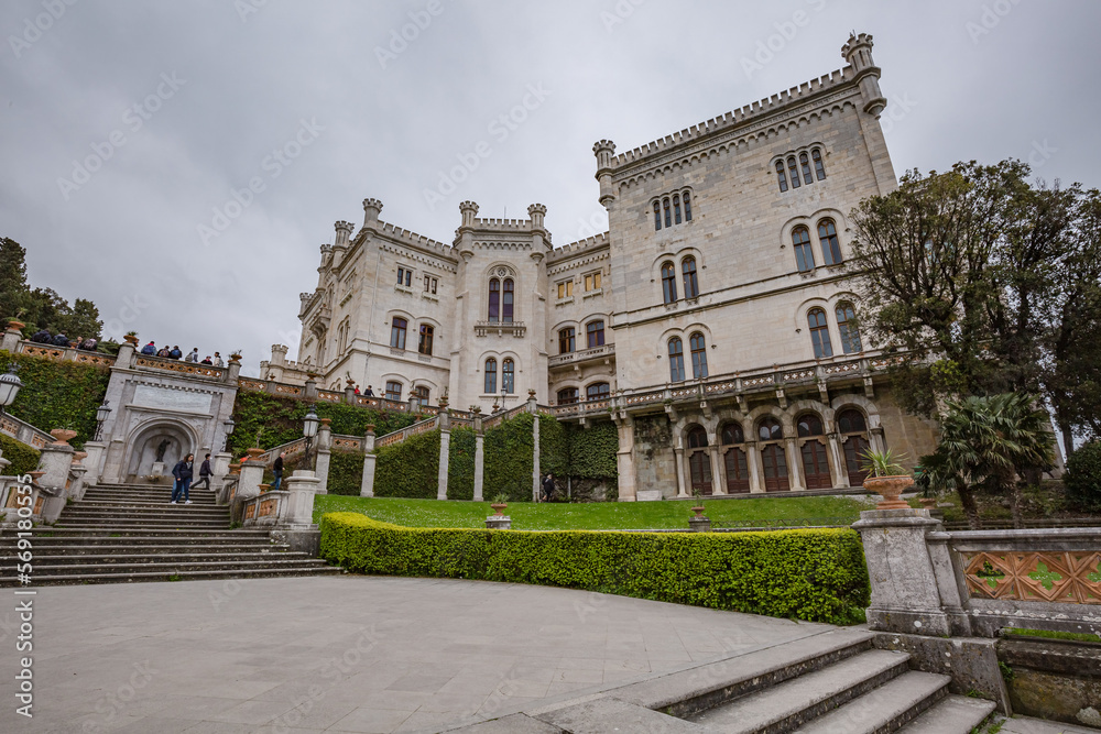 MIRA MARE CASTLE, TRIEST, FRIULI VENEZIA GIULIA, ITALY - APRIL 2022: view of Mira mare Castle in Trieste