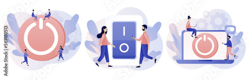On Off button concept. Tiny people press switch. Characters turning off and turning on devices. Save energy. Modern flat cartoon style. Vector illustration on white background