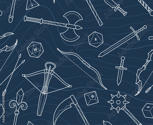 Vector seamless blue texture with historical weapons and 20 sided dice. Board Games. Blue background.
