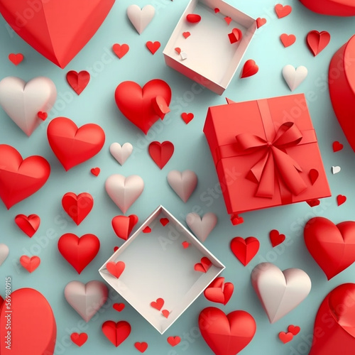 A flat lay greeting composition featuring a gift box and a collection of red hearts is displayed on the Valentine's Day background.