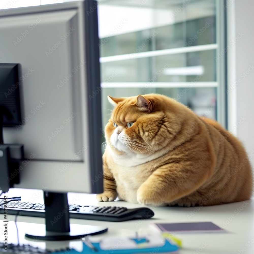fat cat is sitting at the office table in front of a computer, generative ai