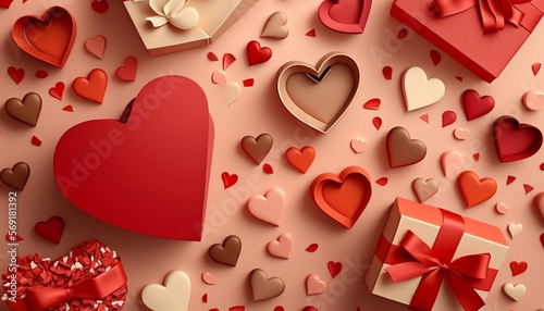 The Valentine's Day background sets the stage for a flat lay greeting composition presenting a gift box and an array of red hearts.