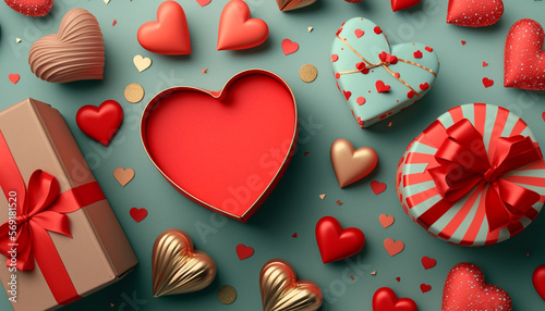 A flat lay greeting composition, featuring a gift box and a cluster of red hearts, is displayed against the backdrop of Valentine's Day.