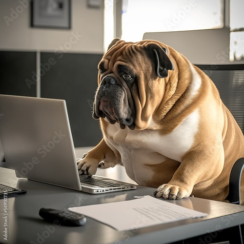 Fat dog is sitting at the modern office, Generative AI