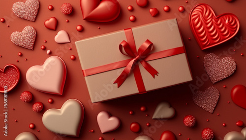 A flat lay greeting composition, showcasing a gift box and an assembly of red hearts, is displayed against the backdrop of Valentine's Day.
