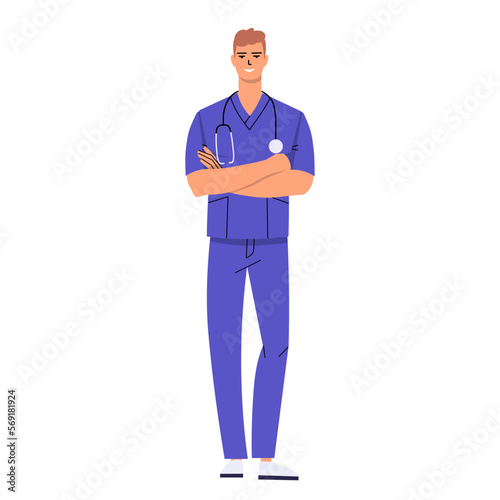 Young doctor stands with his arms crossed. Male nurse with stethoscope and wearing scrubs. Character isolated on white background. Flat style, vector illustration.