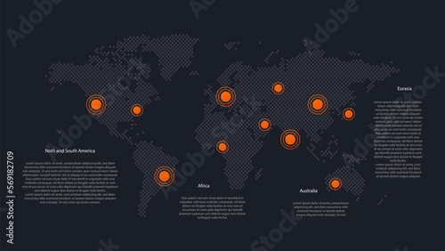 World icon with map pointers. North South America, Eurasia, Africa, Australia. Vector background for web page, global business, network, connection, template, sample, infographics, travel