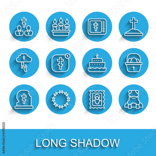 Set line Grave with tombstone, Crown of thorns, Priest, Christian icon, Online church pastor preaching, Basket easter eggs and Ark noah icon. Vector